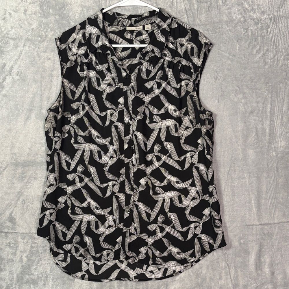 Halogen Black White Bows Lightweight Sleeveless Button Up Top Shirt Size Large
